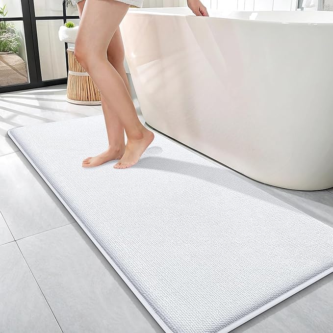 OLANLY Memory Foam Bathroom Runner Rugs 47x17, Absorbent Long Mat, White | Soft Quick Dry Bath Mat Rugs, Non-Slip, Machine Washable Mat for Bathroom Floor, Tub and Shower, Home Decor Accessories