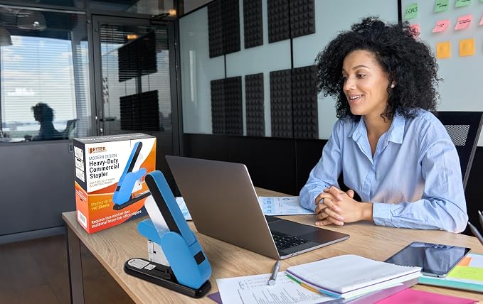 Heavy Duty Modern Stapler, Effortless Lever, 190 Sheet Capacity, 2,000 Heavy Duty Staples Included, Desk Stapler, Large Commercial Office Stapler, by Better Office Products
