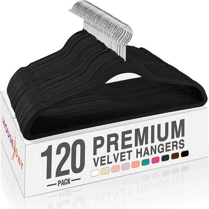 HOUSE DAY Black Velvet Hangers 120 Pack, Premium Clothes Hangers Non-Slip Felt Hangers, Sturdy Black Hangers Heavy Duty Coat Hangers, Durable Suit Hangers, Space Saving No Hanger Mark Rotating Hook