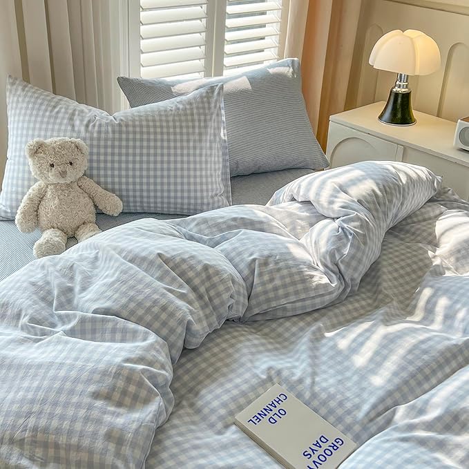mixinni Light Blue Gingham Duvet Cover Set Twin Size - 100% Washed Cotton 3 Piece Plaid Checkered Bedding Set, Soft Comfy Grid Farmhouse Comforter Cover with Zipper Closure & Corner Ties