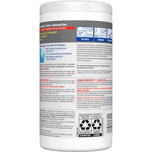 CloroxPro Clorox Screen+ Sanitizing Wipes, Disinfecting Wipes for Electronics, Gentle on Phones, Tablets, LCD Screens, Laptops and Sensitive Surfaces, Citrus Blend Scent, 1 Canister, 75 Wipes