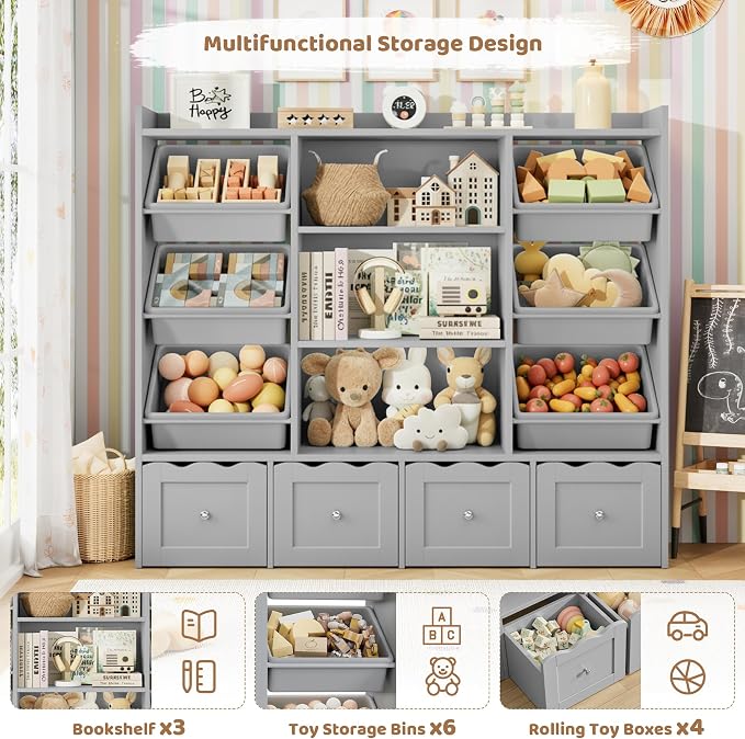 HITHOS 55" W Kids Toy Storage Organizer with 10 Toy Box & Book Shelf, Gray | Large Toy Organizers and Storage with Kids Bookshelf & 6 Plastic Toy Chests & 4 Movable Drawers for Kids Room, Playroom