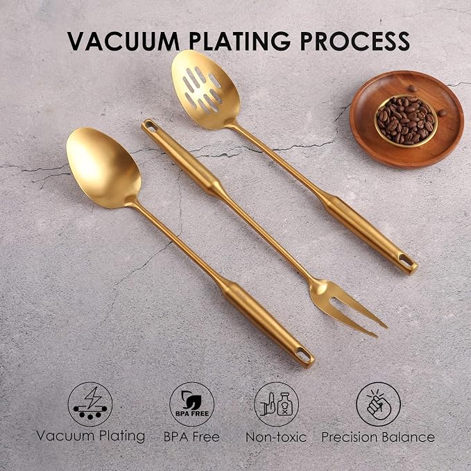 Gold Kitchen Utensils Set - 15" All Metal Cooking Tools Set of 9 | 18/10 Stainless Steel Cooking Utensils - Fork, Solid/Slotted Spoon, Spatula, Ladle, Skimmer, Turner, Pasta Spoon, Large Spoon