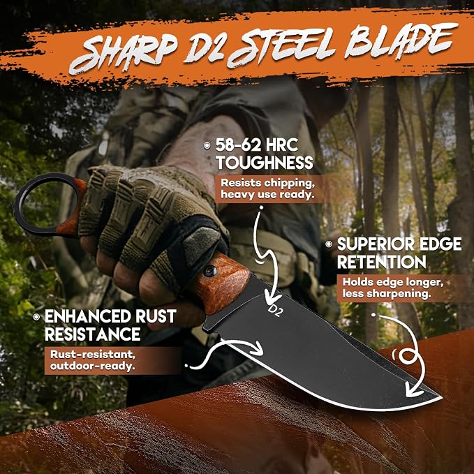 Purple Dragon Fixed Blade Knife with Kydex Sheath -Survival Knife Brown | Forged from a Single Piece of D2 Steel, Full Tang G10 Handle, Gift Box, for Outoor Camping