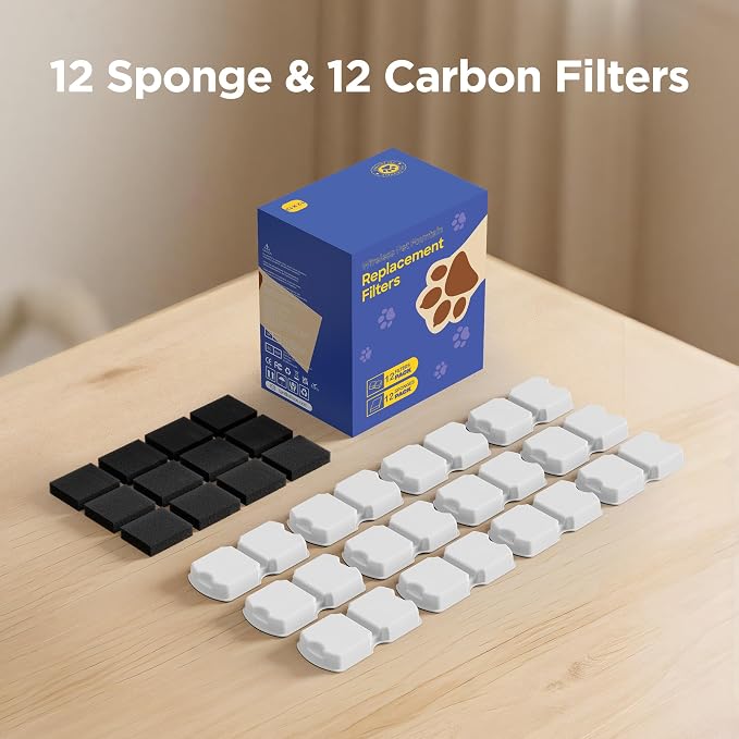 Pet Water Fountain Filters: 24 Per Fountain Filter Replacement - 6 Months Set of Replacement Filters for ATMZIQXR S18 - Contains 12 Carbon Filters + 12 Sponges Filters