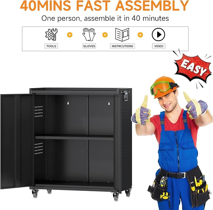 34" Metal Garage Storage Cabinet with Wheels, Adjustable Rolling Tool Storage Cabinet with Lock, Steel Locking Tool Cabinet with Doors and Shelves for Garage, Warehouse（Black）