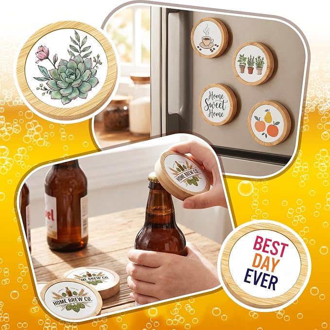 Vesici 12 Pcs 2 in 1 Sublimation Blank Magnetic Bottle Opener 2.5 Inch DIY Bamboo Fridge Magnetic Beer Opener Wooden Heat Transfer Print Cap Openers for Kitchen Bar Restaurant Wedding Gift (Round)