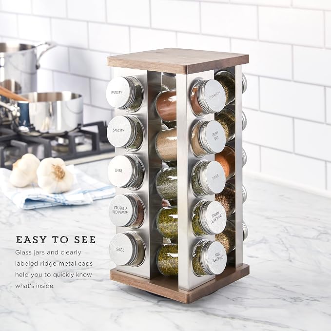Kamenstein 20 Jar Vintage Revolving Countertop Spice Rack Organizer with Spices Included, FREE Spice Refills for 5 Years, Wood and Stainless Steel with Metal Caps (Pack of 2)