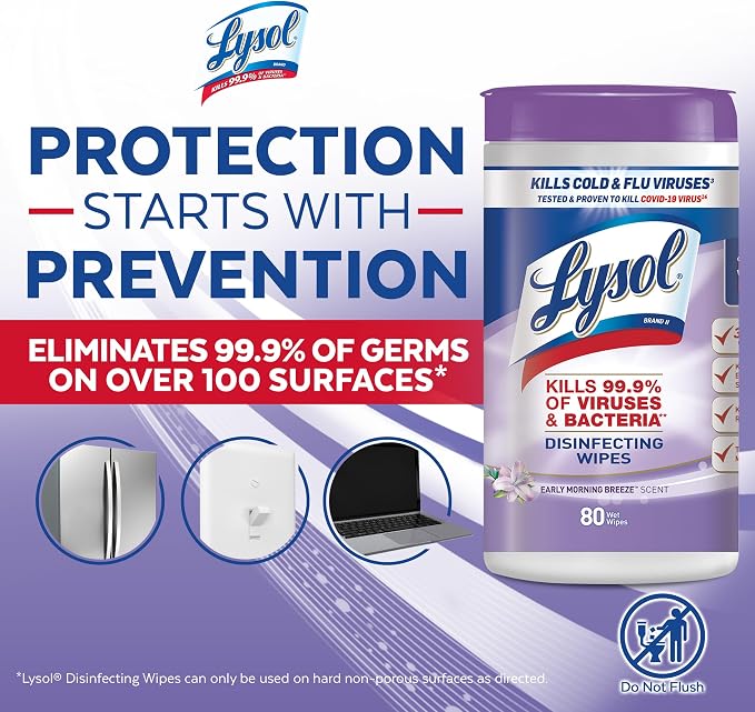 LYSOL Disinfecting Wipes, All Purpose Cleaner, Multi-Surface Antibacterial Cleaning Wipes, Household Cleaning Supplies, Dorm Essentials, Early Morning Breeze Scent, 80 ct.