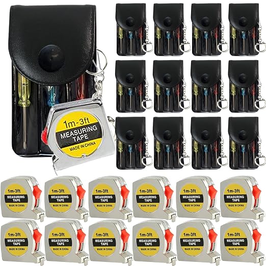 24 Pcs Mini Screwdriver Keychain Tape Measure Keychains Set Keychain Tape Measure Mini Screwdrivers in Pouch Keychain for Birthday Party Favors ，Adult Tool Party Prize for Father's Men Gifts