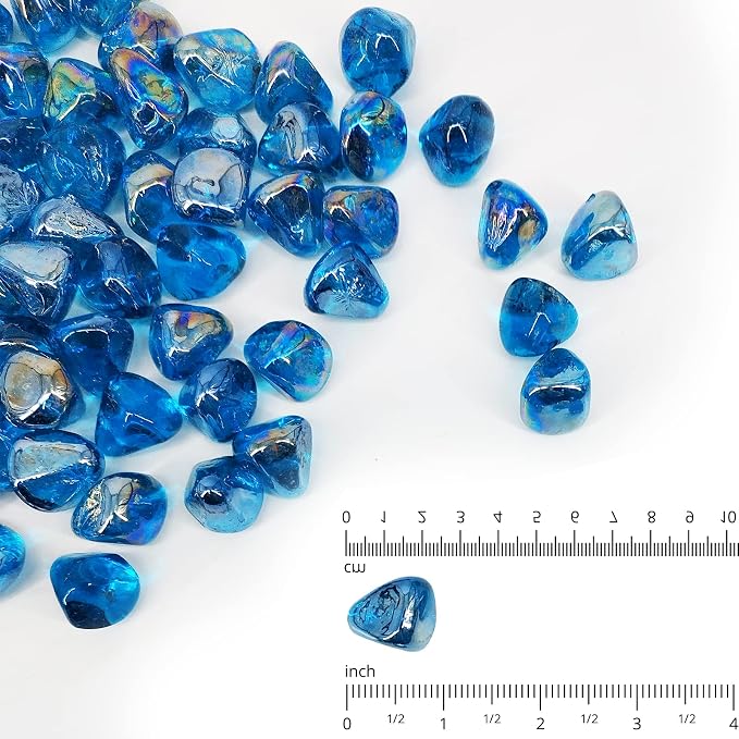 10 lbs Fire Pit Glass Diamonds,1/2 Inch Caribbean Blue Fire Glass | Reflective,Glass Diamonds For Natural or Propane Fire Pit, Landscaping Rock Stones,Tempered，Fireplace