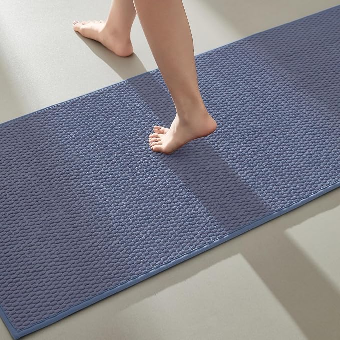 TYUU Bathroom Runner Rugs, Long Bath Mat Runner Washable Thin Quick Dry Low Pile Bathroom Runner Rugs Non Slip, Denim Blue 16"x60"