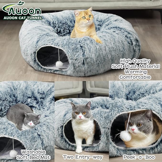 AUOON Plush Cat Tunnel Bed for Indoor Cats, 36" L x 36" W x 11.5" H, Gray | 2 in-1 Interactive Cat Toy, with Hanging Ball Toy, Machine Washable Center Pad, for Kitten Puppy Rabbit Ferret