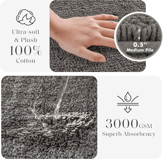 Madison Park Splendor Reversible 100% Cotton Bath Rug, 17 x 24, Charcoal | Tufted Bathroom Mat, 3000 GSM, Hotel Quality, Luxurious Plush, Medium Pile, Absorbent, Quick Dry, OEKO-TEX, Shower Room Décor