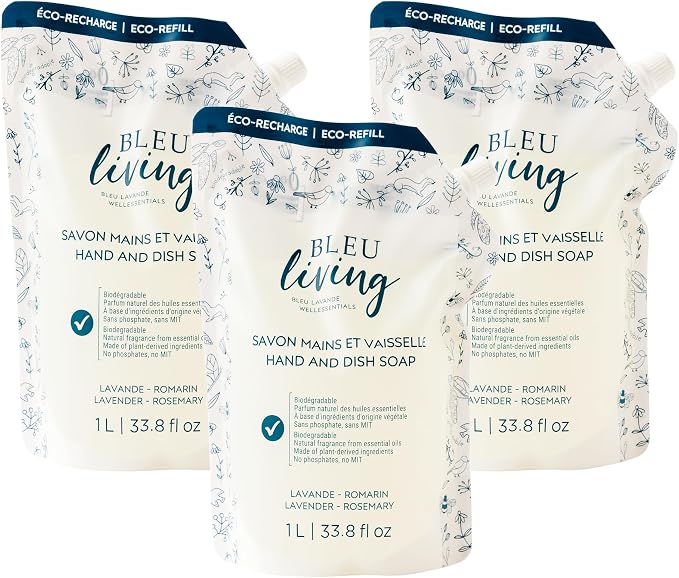 Bleu Lavande - 2 in 1 - Liquid Hand Soap & Dish Soap - Eco friendly - Made with Pure Lavender Essential Oil - Biodegradable - Cruelty free - Vegan - No artificial fragrances - 3 x 33.8 fl oz - 3 Pack