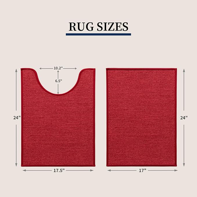 YIHOUSE Red Bathroom Rugs Sets 2 Piece, Quick Dry Thin Bath Mat with Toilet Rug, Non Slip Absorbent Machine Washable, Bath Rugs for Tub Sink Home Decor (17"x24" + 17.5"x24" U-Shaped)
