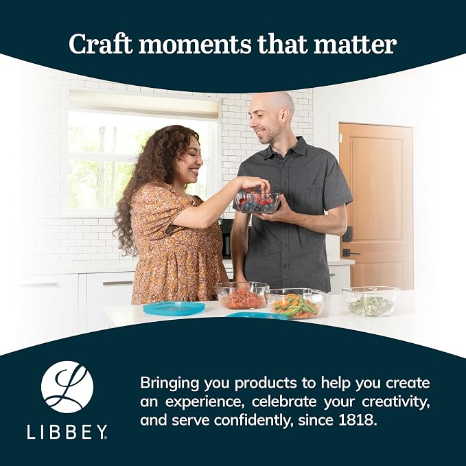 Libbey Serve It Glass Storage Bowls Set of 8 Stackable 6-Cup Food Storage Containers with Sung Fit Lids, Glass Bowls Set for Snacks, Leftover or Meal Prep