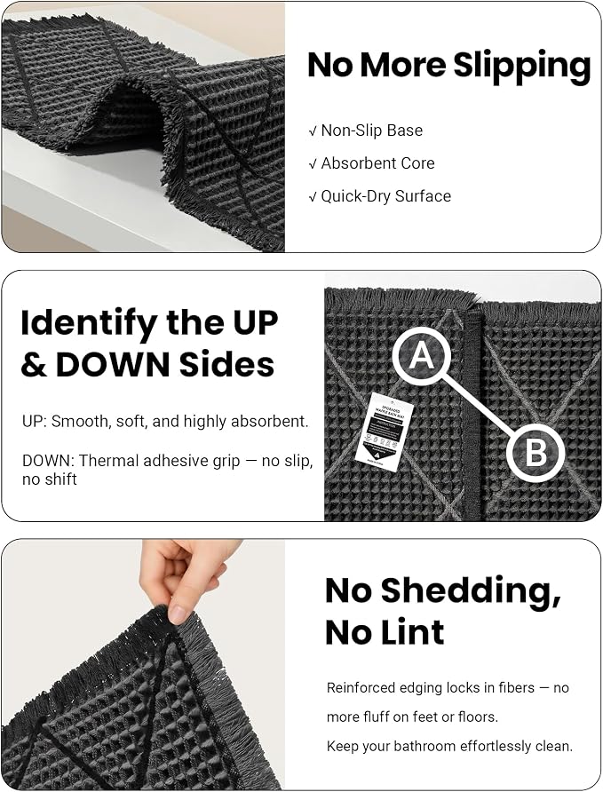 Furicher Waffle Bath Mat Set, Non Slip Bathroom Rugs Sets 2 Piece, Ultra Absorbent Long Bath Rug Runner for Bathroom Decor, Machine Washable Boho Mats, Dark Grey & Grey, 20"×47" Plus 18"×30"
