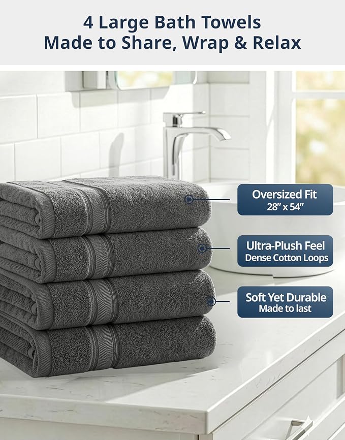 LANE LINEN Towel Set for Bathroom 4 Piece Soft Absorbent Quick Dry - Grey | Towels And Washcloths Sets - Oversized & Roomy, Lightweight & Breathable, Fade-Resistant Color, Classic Terry Weave