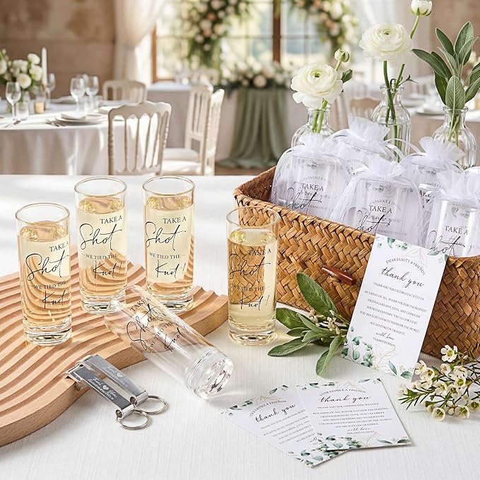 Sliner 100 Sets Wedding Favors for Guests Bulk 2oz Acrylic Personalized Shot Glasses with Bottle Opener Keychain Thank You Cards Organza Bags for Guest Wedding Gifts Newlyweds Bridal Shower Party