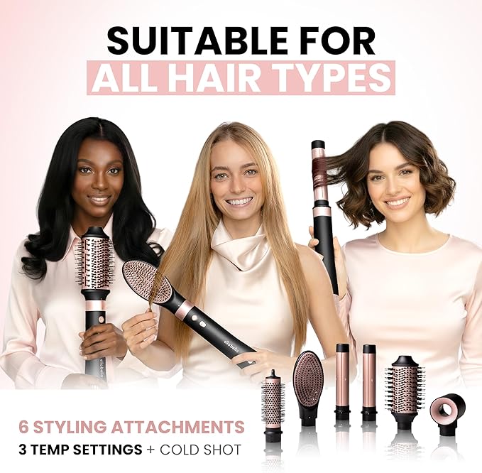 ELLA BELLA® 6 in 1 Professional Hot Air Styler • Powerful Hair Dryer & Straightener Set • Styling Without Heat Damage • Fast Drying Curling Volumizing Straightening • Includes Protective Travel Case