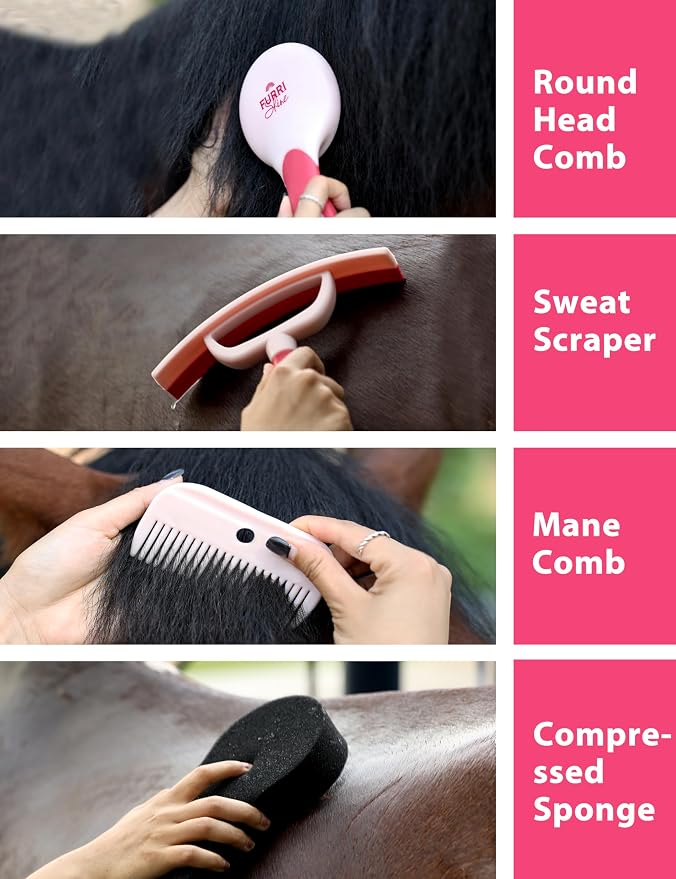 Horse Grooming Kit, 9 Piece Grooming Brush Set with Silicone Curry Comb for Bathing & Shedding Pink Garnet