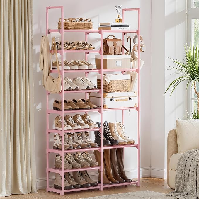 WOWLIVE 9 Tiers Large Shoe Rack White Shoe Rack Organizer for Closet 50-55 Pairs Stackable Heavy Duty Shoe Shelf Shoe Storage with Metal Pipes Plastic Pink
