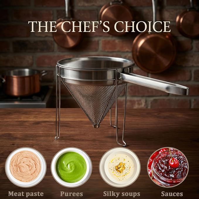 8 inch Stainless Steel Chinois Strainer with Stand, Fine Mesh China Cap Strainer with handle and Pestle for Tomato, Fruit,Soup and Jam Making.