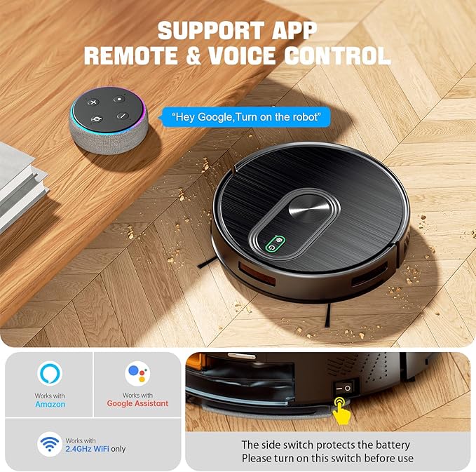 Robot Vacuum and Mop, 6500Pa Suction, 2 in 1 Robotic Vacuum with Gyro Inertial Navigation, 200 Min Runtime, App/Remote/Voice Control, Ideal for Pet Hair, Hard Floor, Carpet