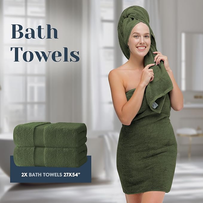 White Classic Luxury Bath Towel Set of 8 Pieces - 100% Turkish Cotton Highly Absorbent Towels for Bathroom, 2 Luxury Bath Towels 700GSM, 2 Hand Towels, 4 Washcloths, Forest Green