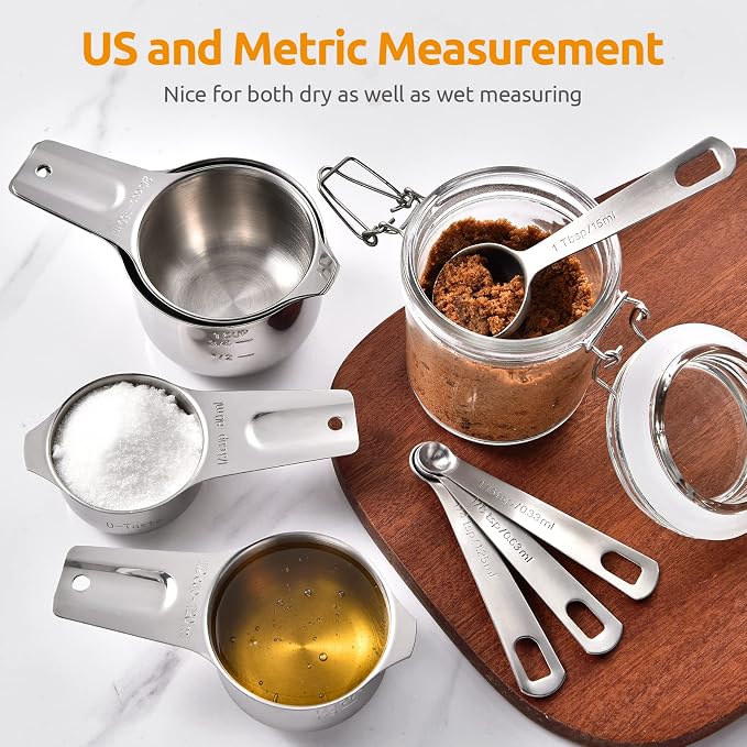 U-Taste Measuring Cups and Spoons Set of 15 : 7 Measuring Cups and 7 Measuring Spoons with 2 D-Rings and 1 Professional Magnetic Measurement Conversion Chart