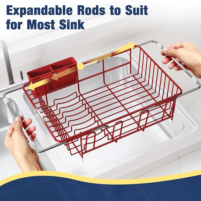 JASIWAY Red Dish Drying Rack in Sink, Dish Drainer with Utensil Holder | Over The Sink Expandable Stainless Steel Strainer Dryer Rack for Small Kitchen, Counter Space Saving, Fast Drain, Rustproof