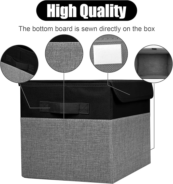 Bagnizer Large 22 Quart Linen Fabric Foldable Storage Bin Cube Organizer Basket with Flip-Top Lid & Handles, Clothes Blanket Box for Home, Office, Closet, Black & Gray, 4 Pack 14.6 x 9.5 x 9.5