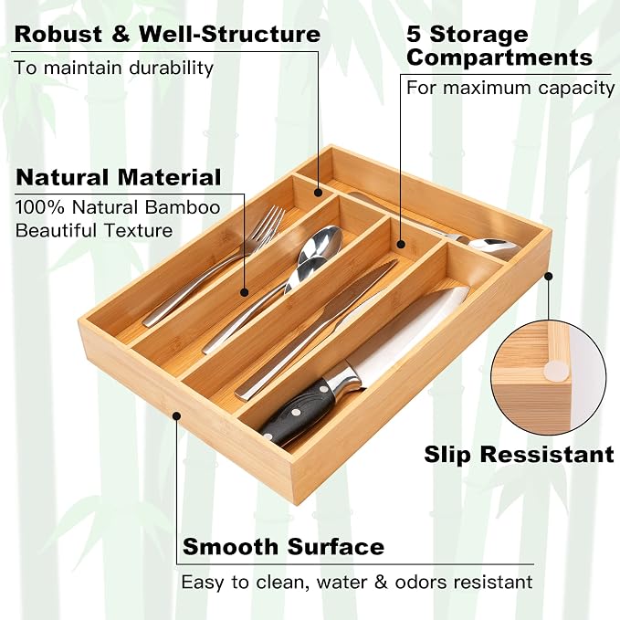 Besilord Silverware Organizer Kitchen Drawer Organizer Utensil Organizer Bamboo Silverware Holder Cutlery Organizer in Drawer Flatware Organizer Tray(5 slots, Natural