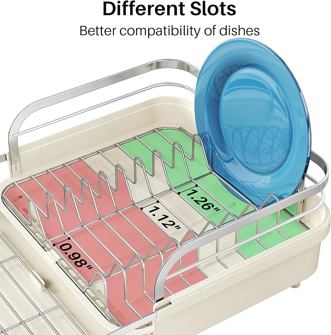 SNTD Dish Drying Rack, Expandable Dish Rack for Kitchen Counter, Stainless Steel Dish Drainer with Drainboard Set and Utensil Holder (Beige)