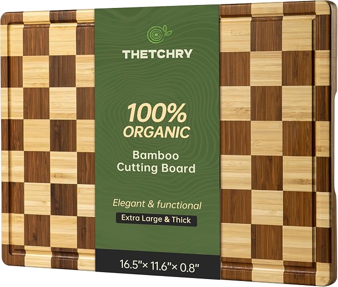 Checkered Cutting Board for Kitchen, Bamboo Wooden Cutting Board | Serving Tray with Juice Groove, Non Slip, Non-Toxic, Thick Large Chopping Board Gift , 16.5” x 11.6” x 0.8”