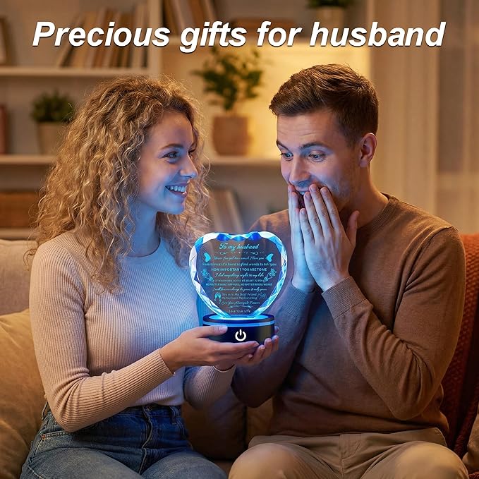 Romantic Crystal Gifts for Husband, I Love You Keepsake with Colorful LED Base, Best Anniversary & Birthday Present for Him,Fathers Day Valentine's Day Christmas Gift Ideas for My Man