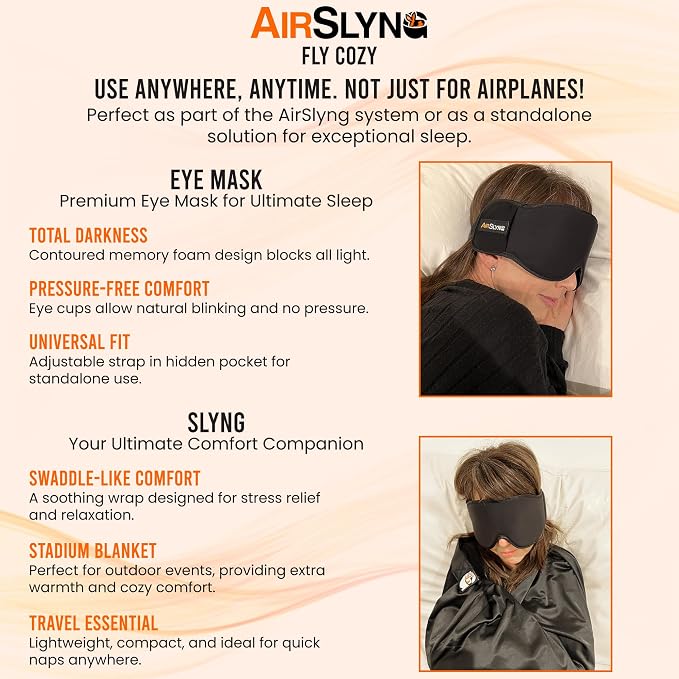 2 Pack 3-in-1 Airplane Sleep Support System - Plane Sleeping Accessories with Memory Foam Long Haul Flight Pillow, Adjustable Travel Eye Mask, and Blanket-Like Body Sling - Fits in Carry On