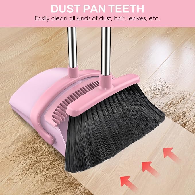 Broom and Dustpan Set for Home, 51-in Long Adjustable Handle Angle Broom and Dustpan Combo Set with Dust Pan Teeth to Clean Hair for Home Kitchen Office Lobby Floor Garden, Pink