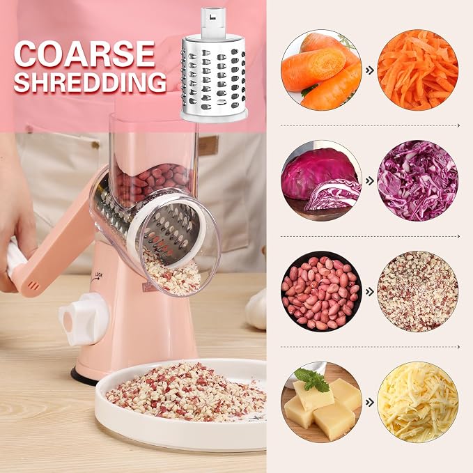 Cambom Rotary Cheese Grater Hand Crank Cheese Shredder for Fresh Cheese, Vegetable, Nuts,Non-slip Suction Base，Three Blades,Pink