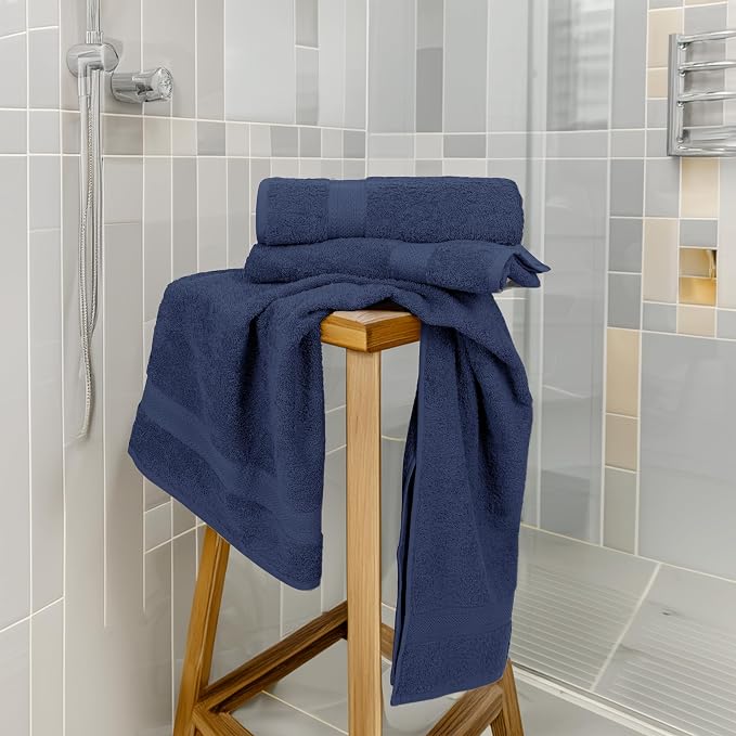 Large Bath Towels Set of 6 – 100% Cotton Terry – 24" x 50" – Quick Dry, Soft & Highly Absorbent – Navy Blue Towels for Bathroom, Gym, Spa, Pool & Daily Use