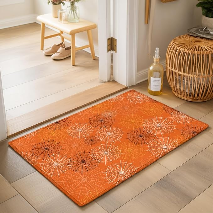 Entryway Area Rug 2'x3', Orange Halloween Washable Small Area Rugs for Kitchen Bathroom Bedroom Office Laundry, Black White Net Halloween Non Slip Door Mat Indoor Entrance Floor Throw Carpet