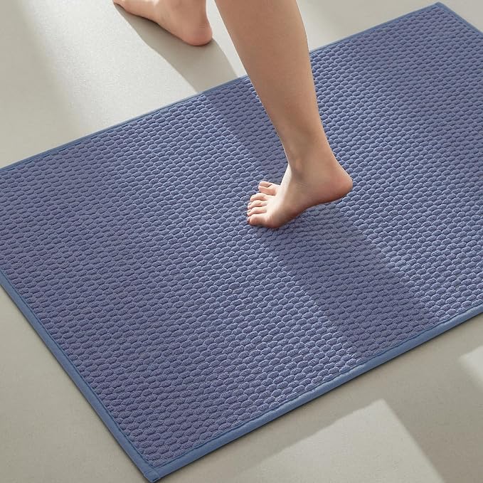 TYUU Bathroom Rugs Non Slip Washable, Super Absorbent Thin Bath Mat Quick Dry Low Pile Bathroom Rug, Denim Blue 24"x47"