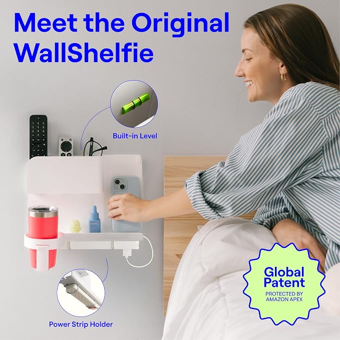 WallShelfie Bedside Wall Organizer & Dorm Decor - Dorm Room Essential, Floating Bedside Shelf Wall Mount Organizer, Remote Control Holder, Cool Teen Girls Trendy Stuff, Room Organization (White)