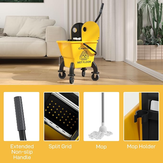 HOMCOM Mop Bucket with Wringer on Wheels, 27.5 Quart, with Mop, Yellow | Down Press Wringer, Handle and Mop, Floor Cleaning