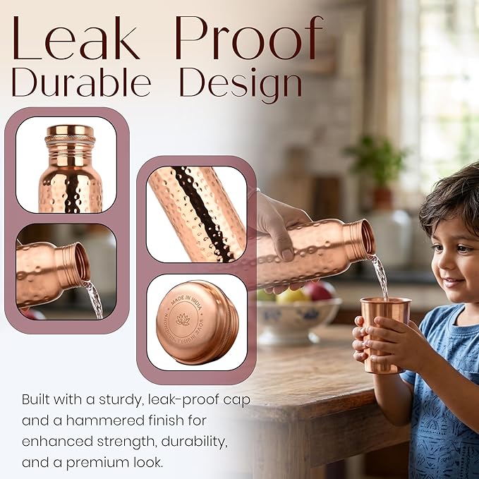 Copper Water Bottle 34 Oz A Hammered Ayurvedic Pure Copper Vessel with Carrying Bag, Straw, Cleaning Brushes Drink More Water, Lower Your Sugar Intake And Enjoy The Health Benefits Immediately