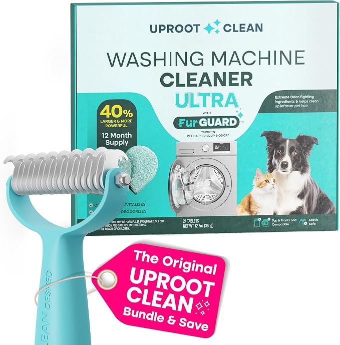 Uproot Clean Washing Machine Cleaner Tablets Ultra & Deshedder Brush Set: 40% Stronger Washer Machine Cleaning Tablets & Cat & Dog Brush for Shedding Set - No Loose Fur - No Messy Clothes