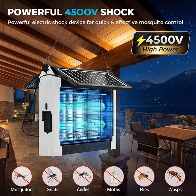 Upgraded Solar Bug Zapper Outdoor with Dual Panels, 4500V Cordless Rechargeable Fly Insect Killer Waterproof Electric Mosquitoes Zapper for Patio Garden Backyard RV Camping Pond