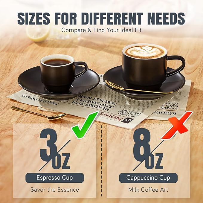 Lareina Porcelain 3-Ounce Espresso Cups Set of 6, Small Stackable Coffee Cups with Saucers, Spoons and Metal Stand - Ceramic Demitasse Mugs, Double Shots Expresso Cup, Matte Black