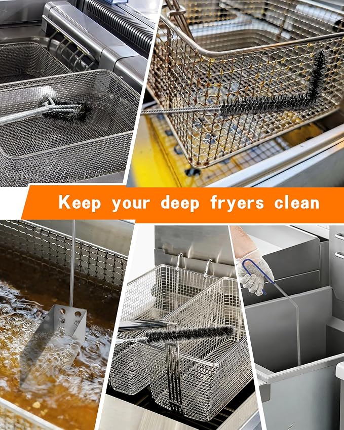 Fryer Cleaning Tool 5 Piece Set, for Commercial Kitchen, Fryer | Include Deep Fryer Basket Brush, Long Handle L-Shaped, Straight Crevice Cleaning Brush, Cleanout Rod, V-Shaped Strainer Scoop